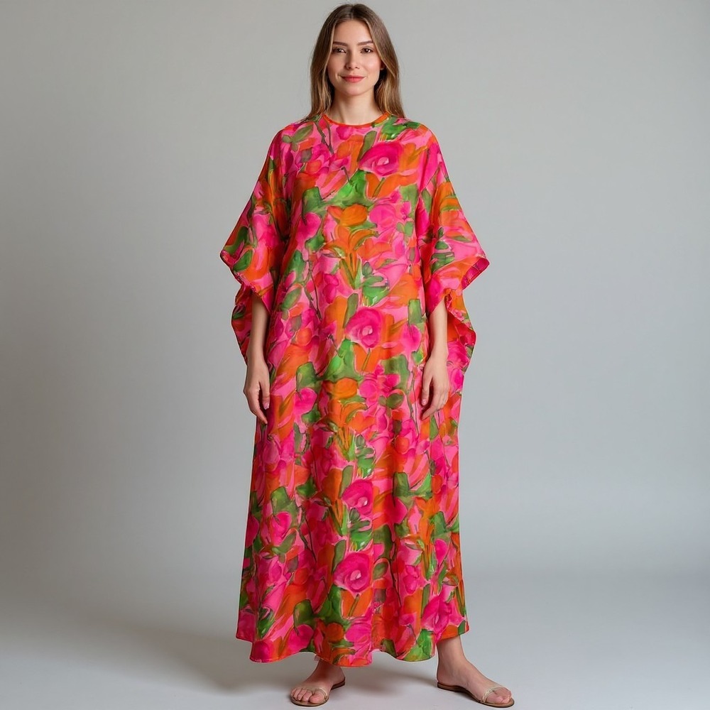 VTG 70s Georgie Keyloun Floral Caftan Dress Sheer Neon Pink Orange ILGWU READ